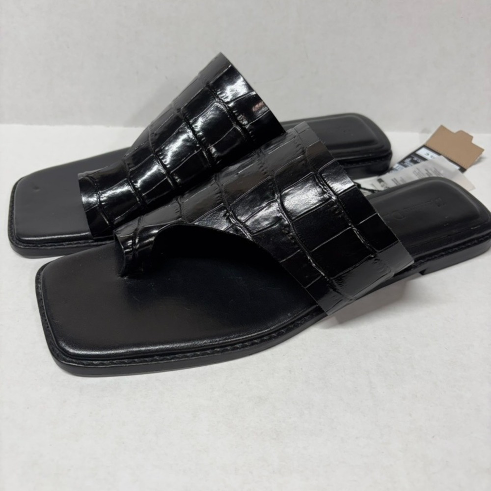 Massimo Dutti Women Sandals Leather Black Sz 9 Croc Embossed Square Toe Slides